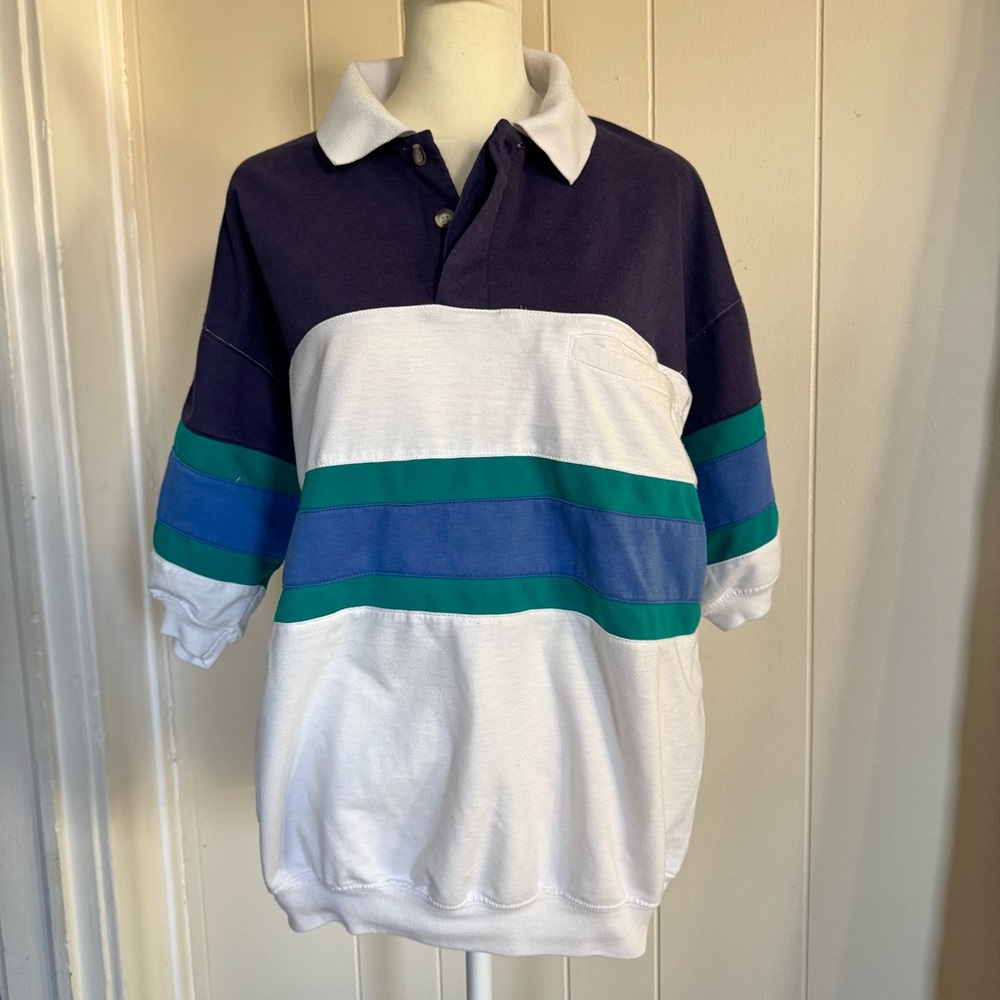 Jason Daniels Rugby Shirt L Short Sleeve Color Block White Navy Green Blue Large